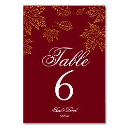 Tarjeta De Mesa Boda de Otoño con Hojas de Borgoña y Doradas