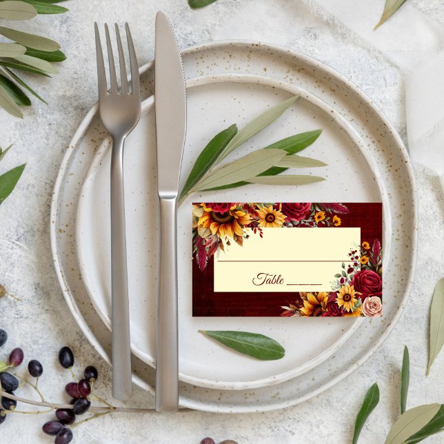 Tarjeta De Mesa Boda de otoño rosas burdeos girasoles amarillos (Sunflower wedding theme place cards Fall wedding burgundy roses yellow sunflowers place card)
