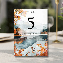 Tarjeta De Mesa Boda de Otoño Rústico en Lago de Montaña