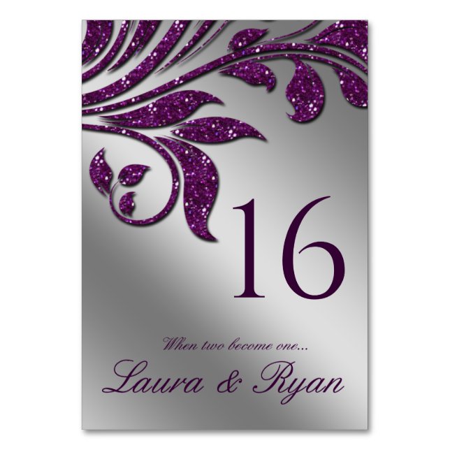 Tarjeta De Mesa Boda de otoño Sparkle Leaf Purple Silver (Anverso)