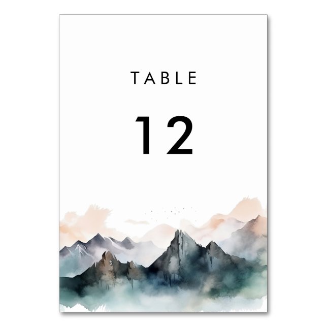 Tarjeta De Mesa Boda de paisaje de montaña acuático moderno (Anverso)