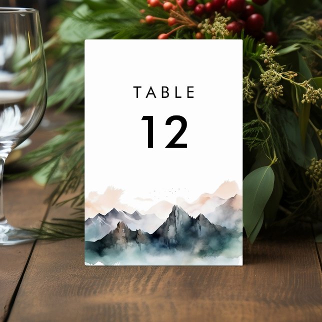 Tarjeta De Mesa Boda de paisaje de montaña acuático moderno (Subido por el creador)