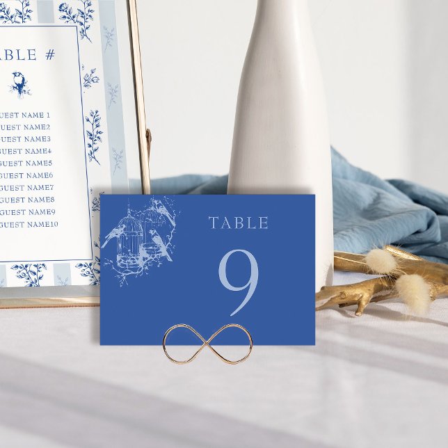 Tarjeta De Mesa Boda de pájaros de la Chinoiserie azul (Blue Wedding Table Number Card from Chinoiserie Wedding Collection by Darling & May)