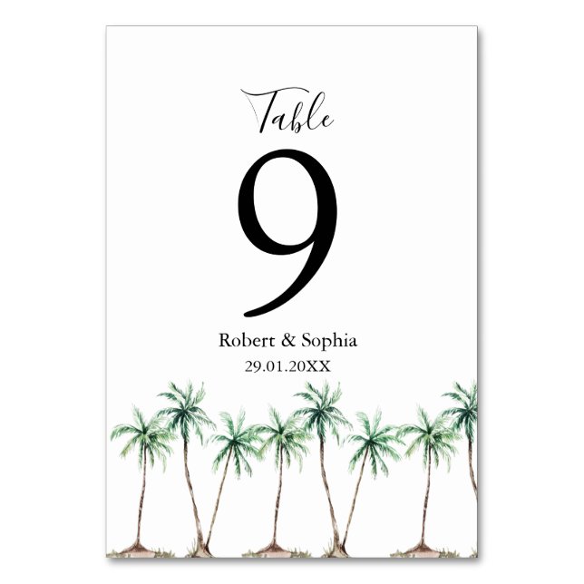 Tarjeta De Mesa Boda de Palma de Acuarela Moderna (Anverso)