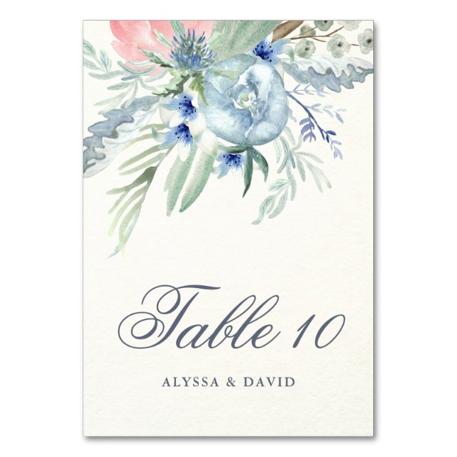Tarjeta De Mesa Boda de peoneses azules y rosas (Anverso)