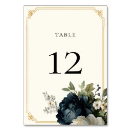 Tarjeta De Mesa Boda de Peonía Azul Real con Marco Dorado