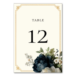 Tarjeta De Mesa Boda de Peonía Azul Real con Marco Dorado