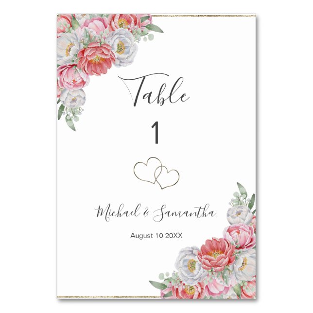 Tarjeta De Mesa Boda de Peonía Rosa y Blanca (Anverso)