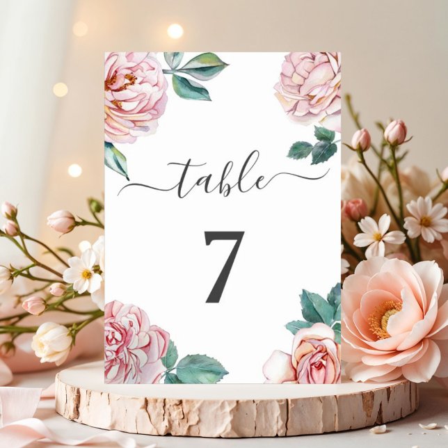 Tarjeta De Mesa Boda de peonías florales rosa pálido elegante (Elegant Blush Pink Floral Peonies Wedding Table Number)