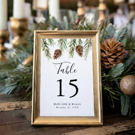 Tarjeta De Mesa Boda de piña de pino acuarela de invierno