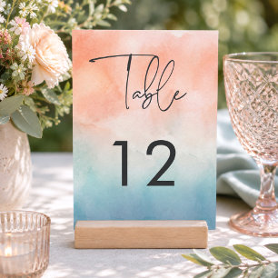 Tarjeta De Mesa Boda de playa con acuarela de puesta de sol en el 
