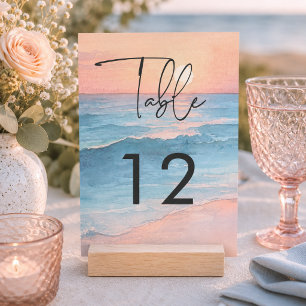 Tarjeta De Mesa Boda de playa con acuarela moderna al atardecer