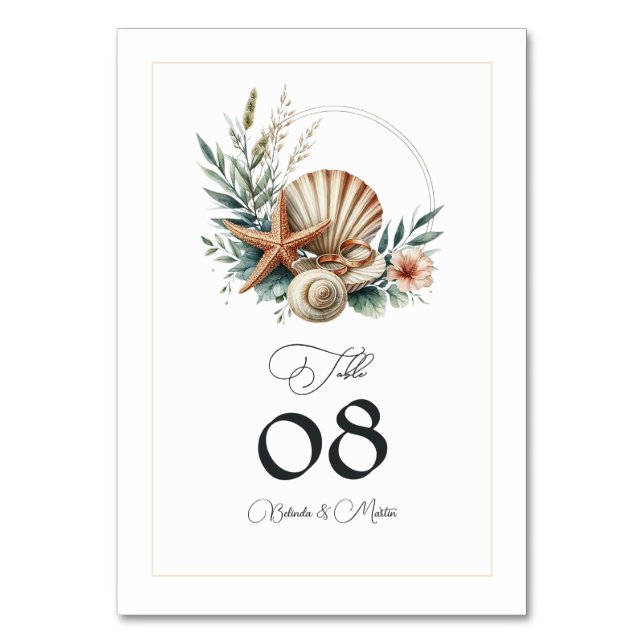 Tarjeta De Mesa Boda de Playa con Estilo Costero (Anverso)