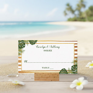 Tarjeta De Mesa Boda de playa de hojas de palmera verde y Relieve