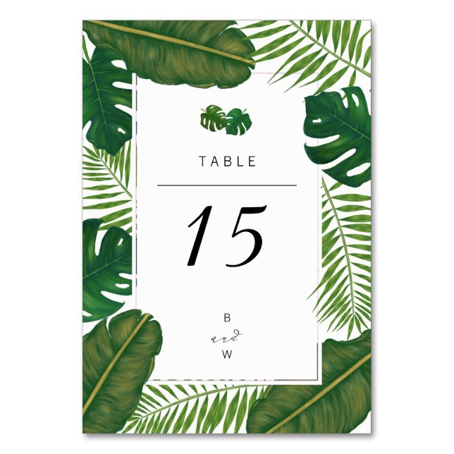 Tarjeta De Mesa Boda de playa de hojas tropicales pintadas (Anverso)