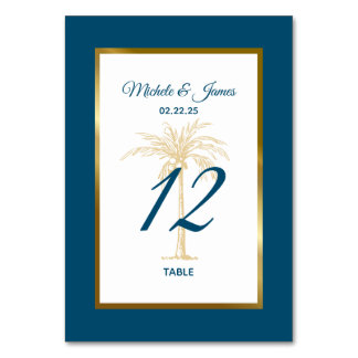 Tarjeta De Mesa Boda de playa de la Palmera Azul Oro Tropical Ocea