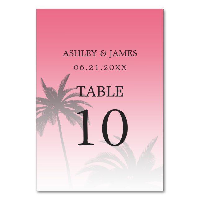 Tarjeta De Mesa Boda de Playa Rosa Tropical Palm Tree (Anverso)