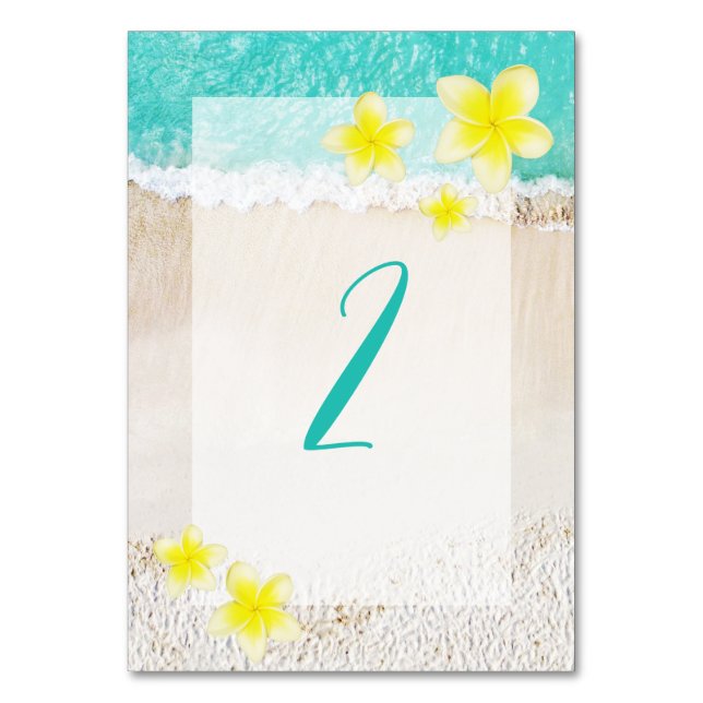 Tarjeta De Mesa Boda de playa tropical de Plumeria Frangipani Amar (Anverso)