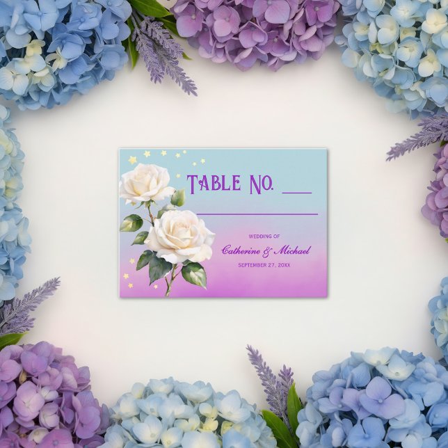 Tarjeta De Mesa Boda de primavera con acuarela azul púrpura (Flat lay sky lavender blush floral spring garden wedding place card
)