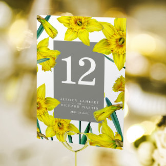 Tarjeta De Mesa Boda de primavera gris amarillo arte floral de nar