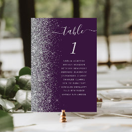 Tarjeta De Mesa Boda de purpura oscura con brillo plateado