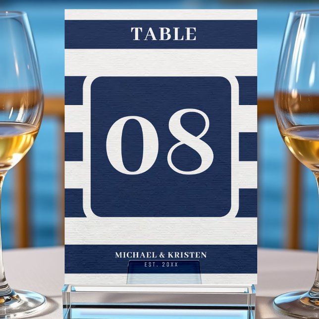 Tarjeta De Mesa Boda de rayas azules náuticas (Subido por el creador)