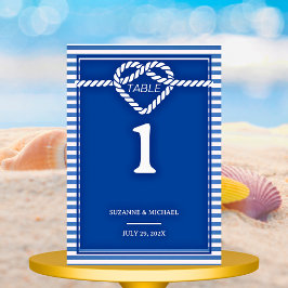 Tarjeta De Mesa Boda de rayas y nudo de lazo azul marino náutico