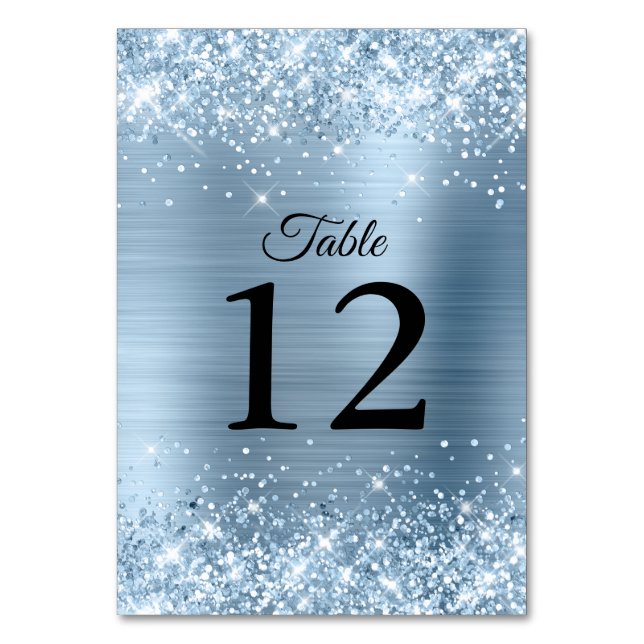 Tarjeta De Mesa Boda de Relieve metalizado azul claro Purpurinoso (Anverso)