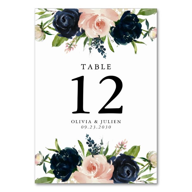 Tarjeta De Mesa Boda de Rosa Navy Blue y Rubor (Anverso)