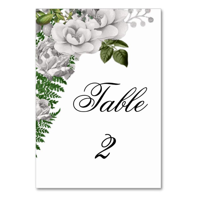 Tarjeta De Mesa Boda de rosas blancas florales y helechos (Anverso)