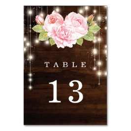 Tarjeta De Mesa Boda de Rosas de Rustic Wood String Lights