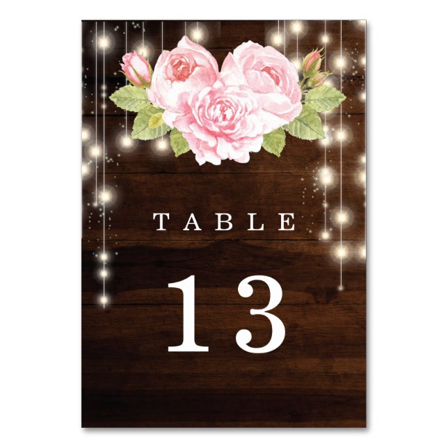 Tarjeta De Mesa Boda de Rosas de Rustic Wood String Lights (Anverso)