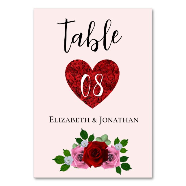 Tarjeta De Mesa Boda de rosas rojas y rosas (Anverso)