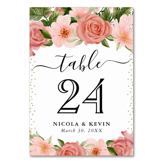 Tarjeta De Mesa Boda de Rosas Rosadas con Acuarela (Anverso)
