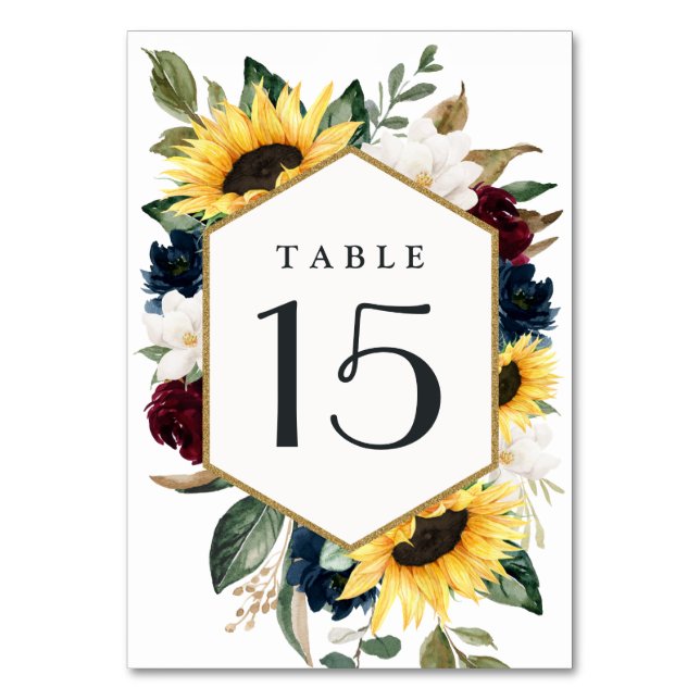Tarjeta De Mesa Boda de Rosas Sunflower Burgundy Red y Navy Blue (Anverso)