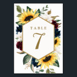 Tarjeta De Mesa Boda de Rosas Sunflower Burgundy Red y Navy Blue<br><div class="desc">El diseño presenta elegantes girasoles acuáticos,  rosas rojo y azul marino burdeos,  magnolia blanca y diversos tipos de vegetación con un marco dorado impreso.</div>