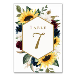 Tarjeta De Mesa Boda de Rosas Sunflower Burgundy Red y Navy Blue