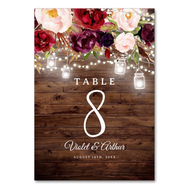 Tarjeta De Mesa Boda de Rustic Burgundy Floral String Lights (Reverso)