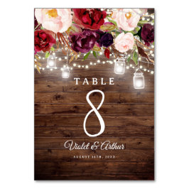 Tarjeta De Mesa Boda de Rustic Burgundy Floral String Lights
