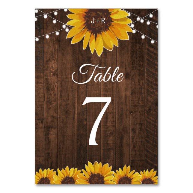 Tarjeta De Mesa Boda de Rustic Sunflower String Lights (Anverso)