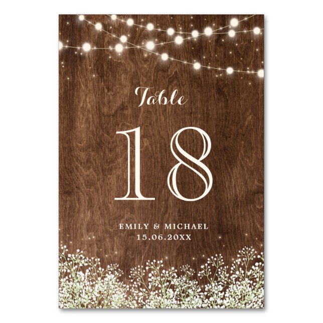 Tarjeta De Mesa Boda de Rústico Wood Baby Breath String (Anverso)