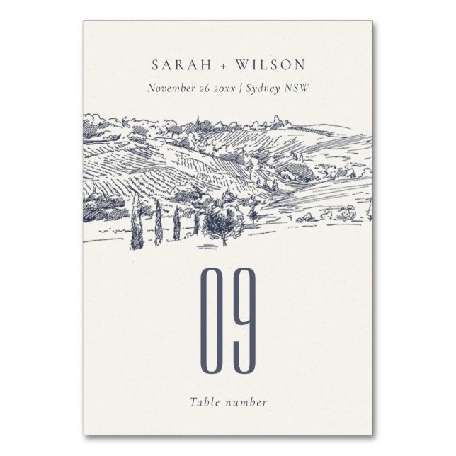 Tarjeta De Mesa Boda de sketch de montaña de invierno azul de la M (Anverso)