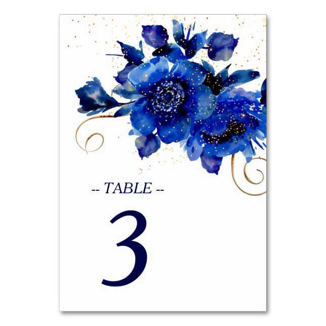Tarjeta De Mesa Boda de Swirl Blue Floral Gold (Anverso)