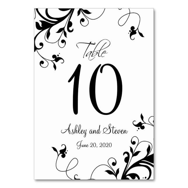 Tarjeta De Mesa Boda de Swirls Black White Modern (Anverso)