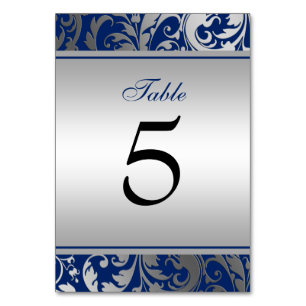 Tarjeta De Mesa Boda de Swirls Navy Blue and Silver Damask