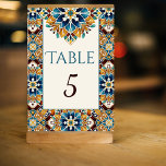 Tarjeta De Mesa boda de talavera verde azulada de color azul marró<br><div class="desc">Verde azulado azul y marrón colorido talavera mexicana azulejo boda tarjetas número de mesa,  letra casual manuscrita con número de mesa de la recepción nupcial tarjetas decoración de recepción personalizada</div>