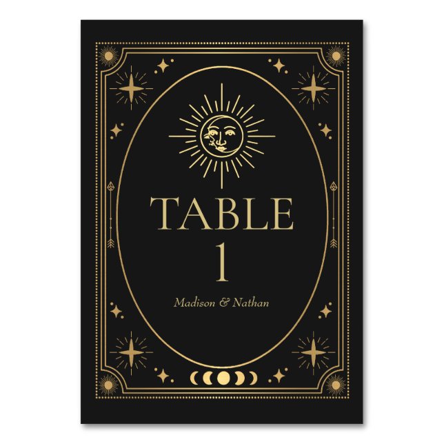 Tarjeta De Mesa Boda de Tarot gótico-celestial negro (Anverso)