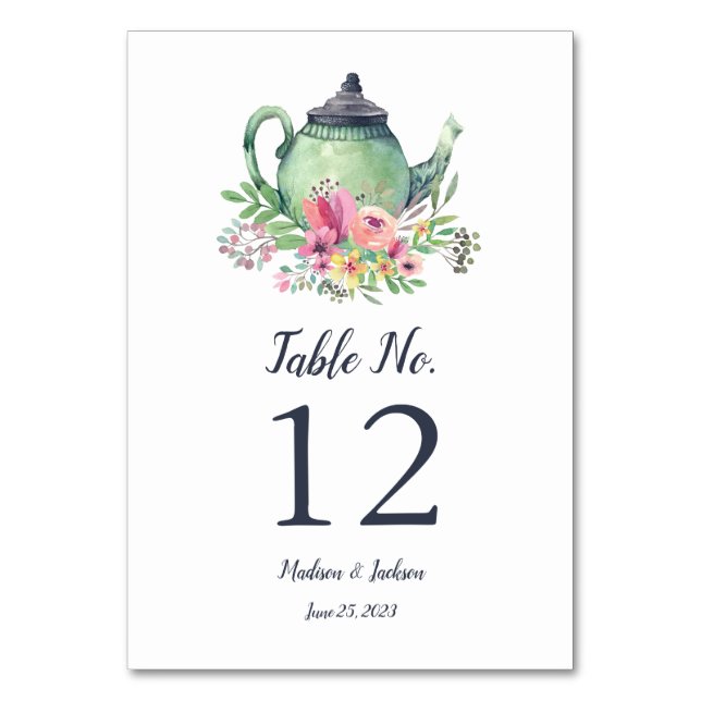 Tarjeta De Mesa Boda de tetera acuarela (Anverso)