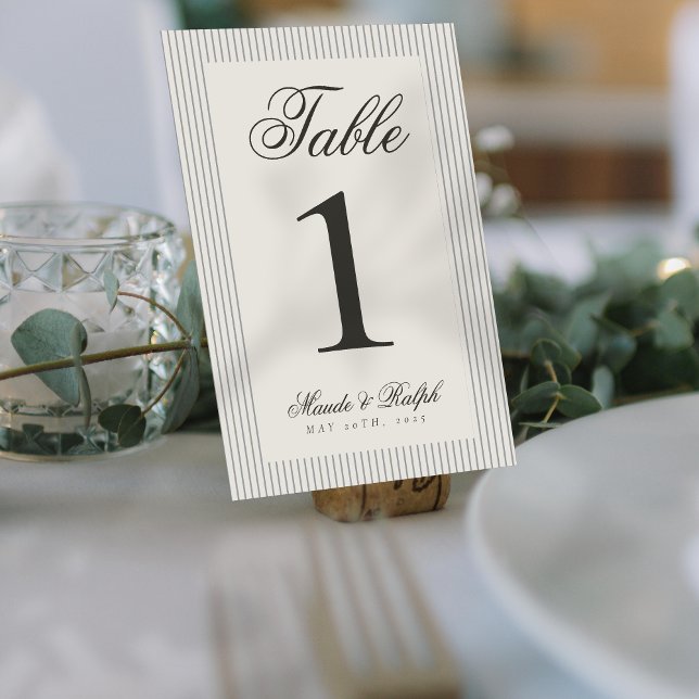 Tarjeta De Mesa Boda de tira gris de dinero viejo y eterno (Guide guests to their seats using these Timeless Old Money Thin Stripe Wedding Table Numbers! )