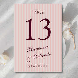Tarjeta De Mesa Boda de Tono Rosa Rubor Burgundy Retro con Rayas
